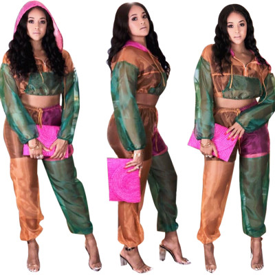 Color Patchwork Mesh Outfits Hoodie Crop Top Elastic Pants M806