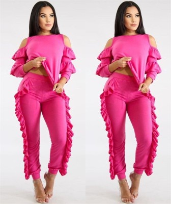 Women Ruffle Suits Cold-Shoulder Top Skinny Pants QQ5047