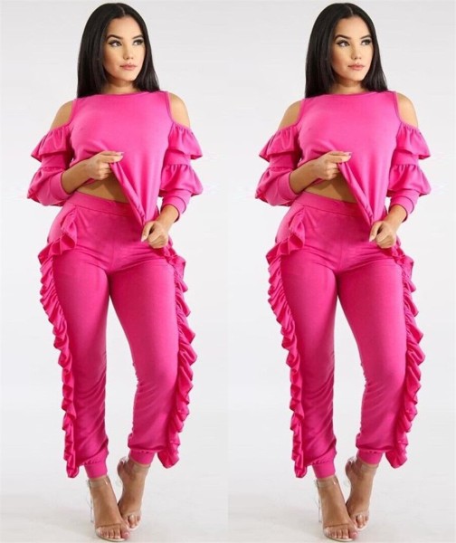 Women Ruffle Suits Cold-Shoulder Top Skinny Pants QQ5047