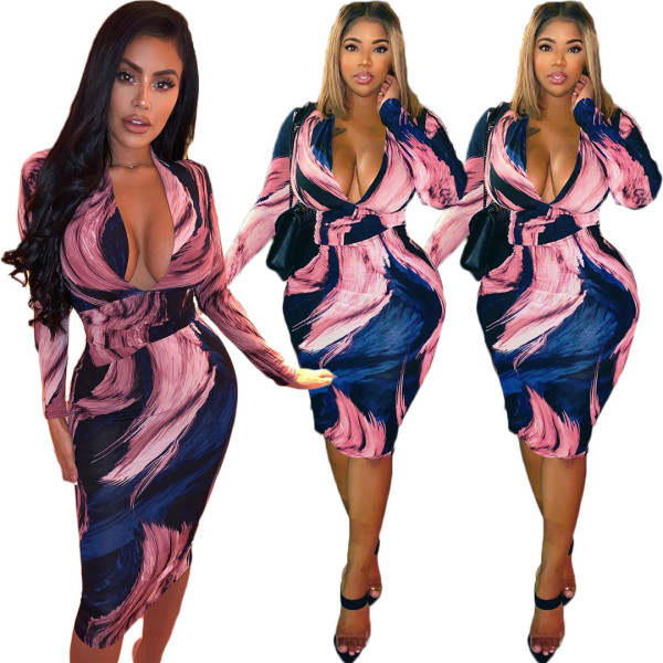 Online Wholesale Long Sleeve Printed Low-Cut Pencil Dress BBN036