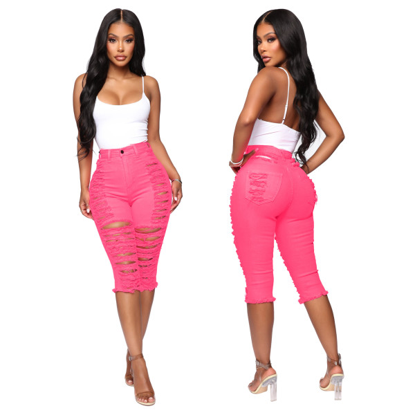 Newest High Waist Plain Color Slit Cropped Edgy Jeans SMR2076