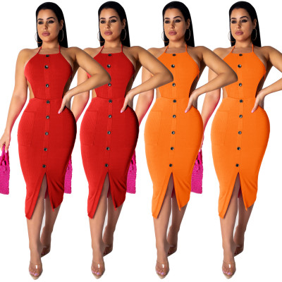 Solid Color Button Down Halter Neck Backless Dresses Q223