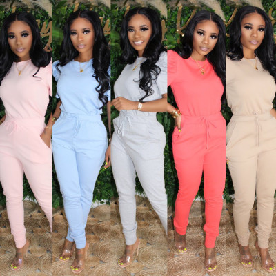 Fashion Solid Color Round Neck Short Sleeves Pleated Drawstring Two Pieces Suit MA6571