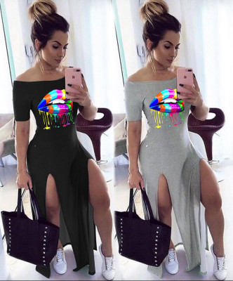 Color lip print one-shoulder wide shoulder dress LML118