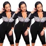 Zipper Printing Patchwork Bodycon Short Jumpsuit For Ladies YX9014