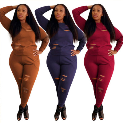 Women Plain Color Bodycon Scratch Pants Sets With Long Sleeve OEP6076