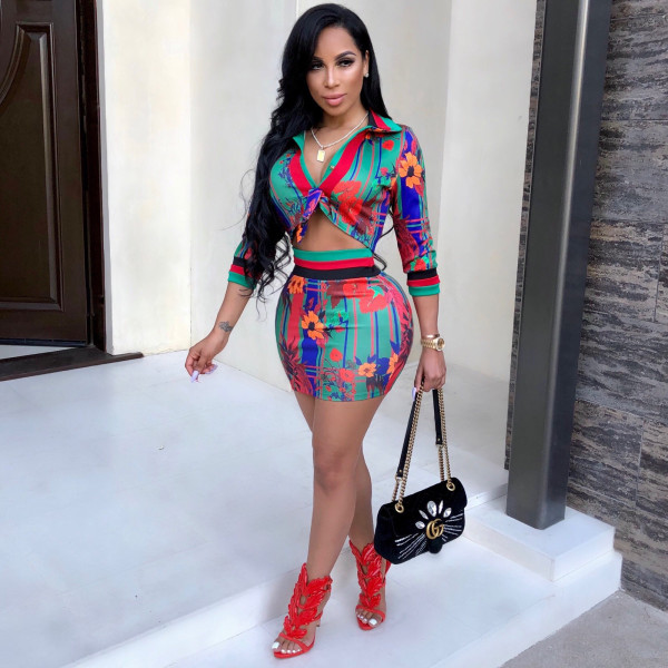 Floral Print Sexy Suits 3/4 Sleeves Top Wrap Mini Skirt X9064