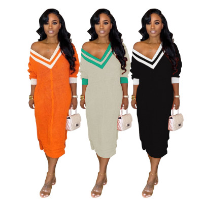 Casual Pullover V Neck Sweater Split Dress For Daily Wear BS1155
