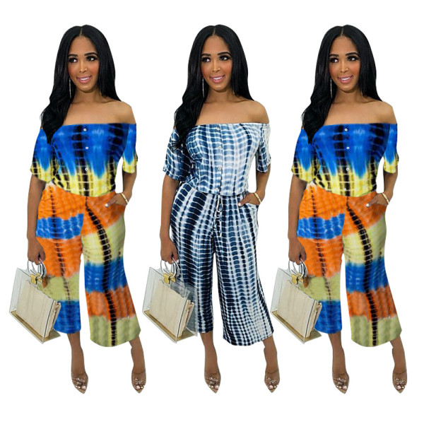 Button Down Strapless Top Women Printing Loose Pants ZH5081