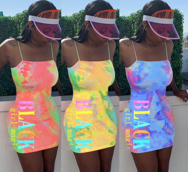 Tie-dye letter print suspender dress LM8150