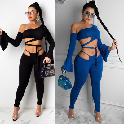 Sexy Solid Color One Shoulder Backless Flared Sleeves Hollow Out Lace-Up Jumpsuit CY1269