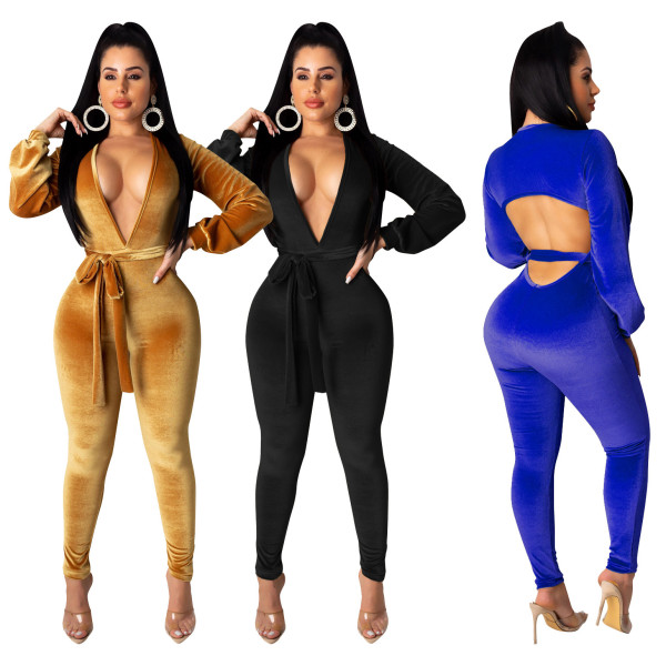 Backless Solid Color Deep V Neck Velvet Jumpsuit With Belt SDD9192