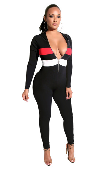 Color Patchwork Hooded Bodycon Jumpsuits With Zipper XY1869