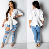 Euramerican V Collar Women Half Sleeves White Tied Top AMM8093