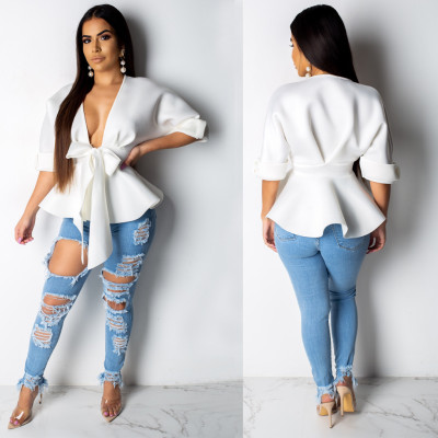 Euramerican V Collar Women Half Sleeves White Tied Top AMM8093