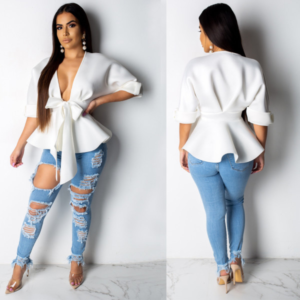 Euramerican V Collar Women Half Sleeves White Tied Top AMM8093