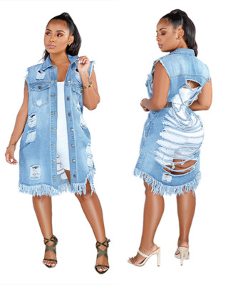 Jean Hollow Out Vintage Sleeveless Ripped Midi Dress LA3103