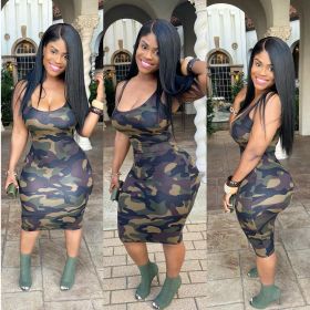 Sexy Camouflage Printed U-Neck Sleeveless Bodycon Midi Dress FS3526