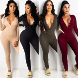 Sexy Solid Color V-Neck Long Sleeves Bodycon Jumpsuit KA7126