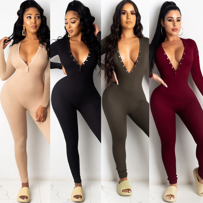 Sexy Solid Color V-Neck Long Sleeves Bodycon Jumpsuit KA7126