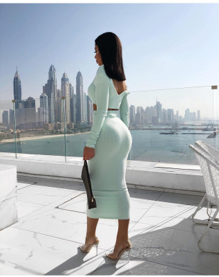 Cotton pit long-sleeved two-piece suit skirt autumn and winter dress women SUM440