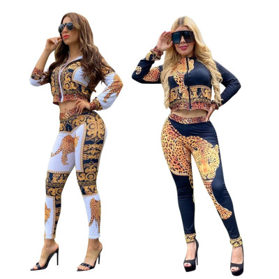 Wholesale Printing Mature Women Sets Zipper Jacket Skinny Pants BLX7022