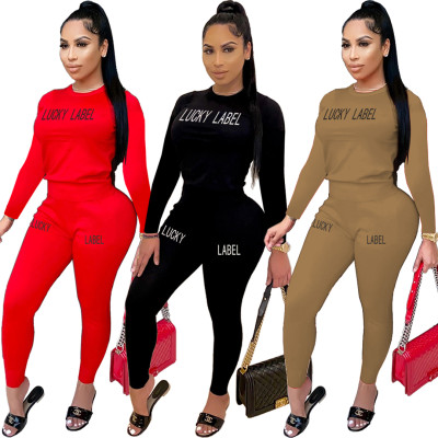 Casual Lucky Label Printed Round Neck Long Sleeves T-Shirt With Trousers Two Piece Sets SM9118