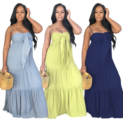 Leisure Plain Color Spaghetti Strap Ruffle Long Dress Q283