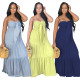 Leisure Plain Color Spaghetti Strap Ruffle Long Dress Q283