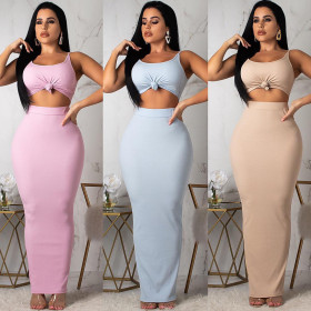 Solid Color Bodycon Suits Tank Top Long Wrap Skirt KA7041