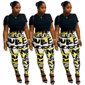Cheap Letters Printing Contrast Color High Waist Skinny Pants GL6068