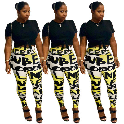 Cheap Letters Printing Contrast Color High Waist Skinny Pants GL6068
