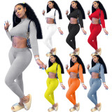Autumn Knitting Solid Color Round Neck Long Sleeves  Mini Top With Trousers Two Piece Set NK182