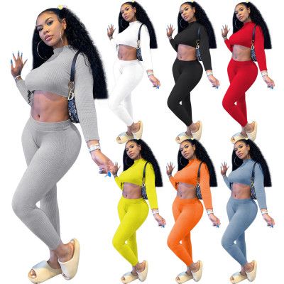 Autumn Knitting Solid Color Round Neck Long Sleeves  Mini Top With Trousers Two Piece Set NK182
