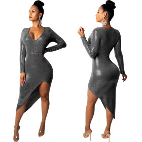 Fashion Irregular Solid Sequin V Neck Dress YYZ908