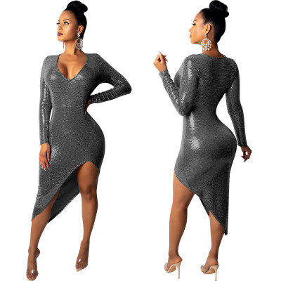 Fashion Irregular Solid Sequin V Neck Dress YYZ908