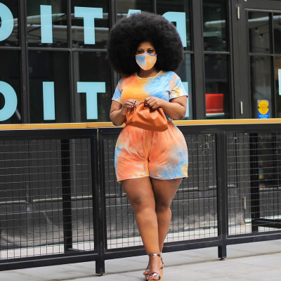 Casual Coloring Round Neck Short Sleeves Drawstring Plus Size Jumpsuit With Mask YF1196