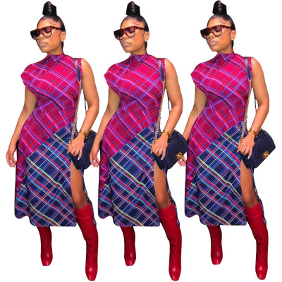 Fashion Irregular Sleeveless Plaid Split Dress A8331