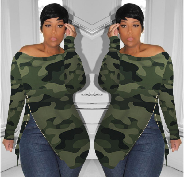 Casual Irregular Zipper Camouflage Strapless Top For Women H1245