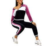 Zipper Hoodie Pencil Pants Colors Splicing Velvet Outdoor Outfits YMT6126