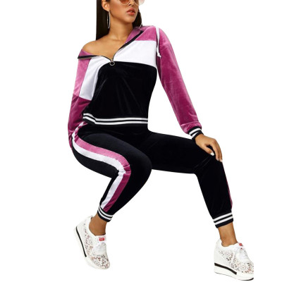 Zipper Hoodie Pencil Pants Colors Splicing Velvet Outdoor Outfits YMT6126