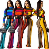 Wholesale Multicolor Long Outfits Crop Top Stripe Pants YY5095