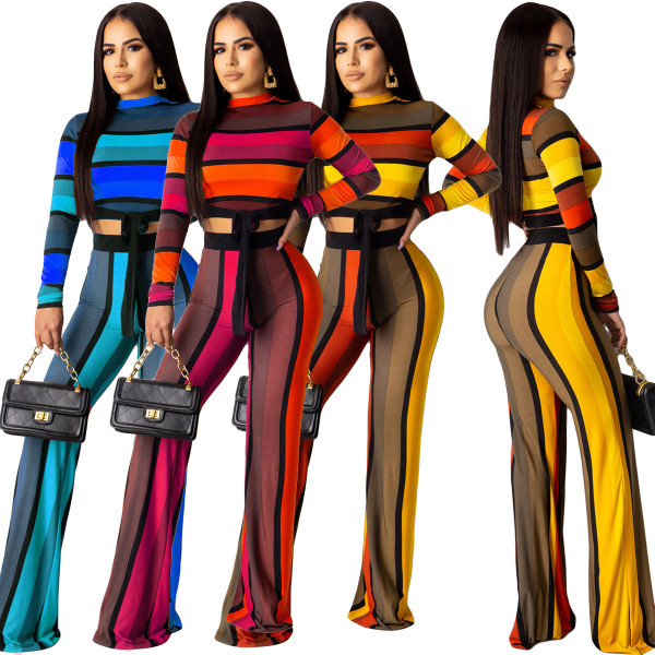 Wholesale Multicolor Long Outfits Crop Top Stripe Pants YY5095