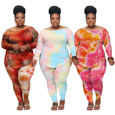 Casual Tie Dye Printed Long Sleeves T-Shirt With Trousers Plus Size Two Piece Set ONY5050