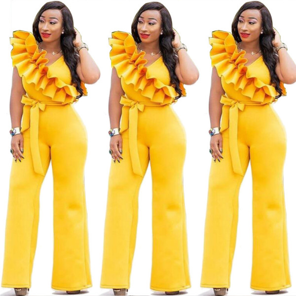 Hot Sale Ruffle Pure Color Sleeveless Wide Leg Jumpsuits MY9285