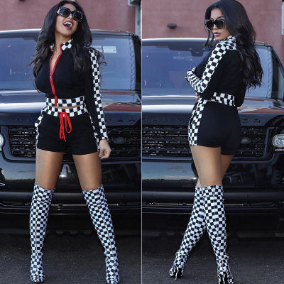 Leisure Checks Patchwork Short Suits For Women HHM6040