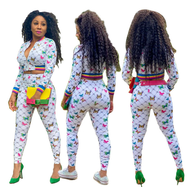 Fashion Butterfly Printed Zipper V-Neck Long Sleeves Mini Top With Trousers Two Piece Set MY9690