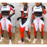 Fashion Contrast Stitching Letter Printed O-Neck Long Sleeves Top With Trousers Two Piece Set FS3574