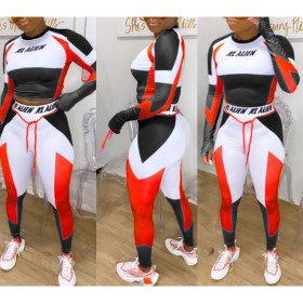 Fashion Contrast Stitching Letter Printed O-Neck Long Sleeves Top With Trousers Two Piece Set FS3574