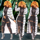 Online Wholesale Loose Printing Long Coat With Belt QQM3548